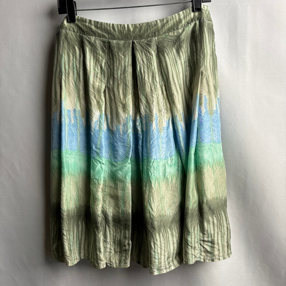 Bandolino Silk Skirt 10 Green Blue Tie Dye Watercolor Midi Ethereal Fairy Y2K